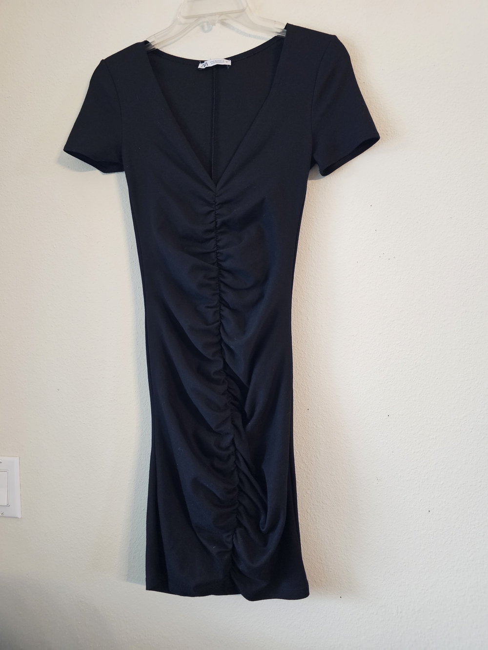 Zara Black Ruched V‑Neck Mini Dress